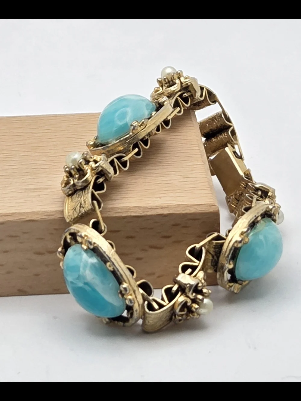 Vintage Gold Tone Faux Turquoise Pearl Panel Bracelet Filigree Etched 7 Inches